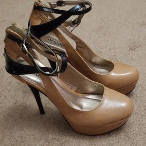 CLOSING FEB 10! Nude and black platform pumps with strap